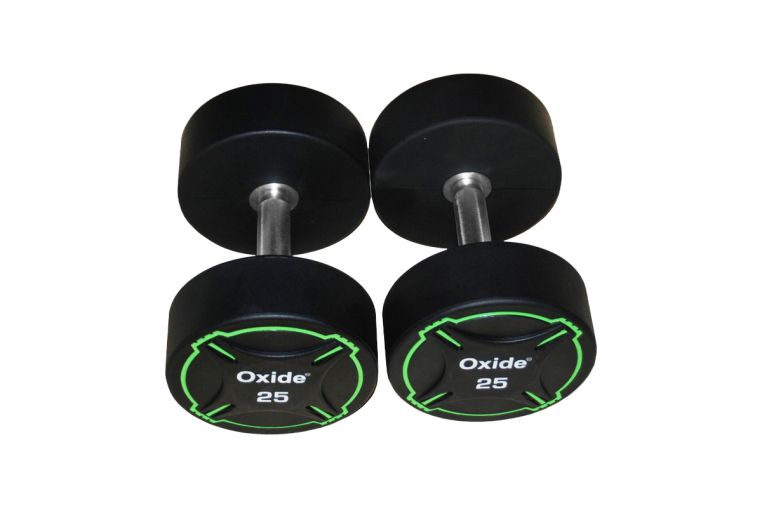 Гантель круглая, полиуретановая 5кг Oxide Fitness прямая хромированная ручка со сплошной накаткой ODB01 фото 4
