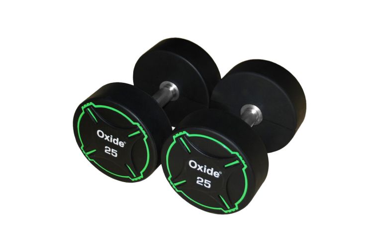 Гантель круглая, полиуретановая 5кг Oxide Fitness прямая хромированная ручка со сплошной накаткой ODB01 фото 6