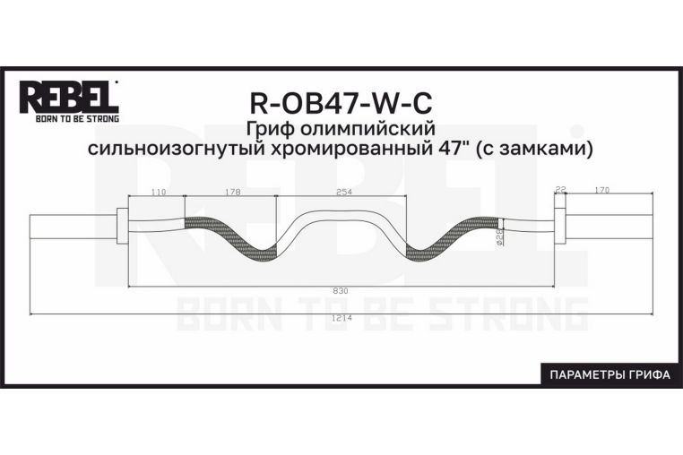 Гриф олимпийский сильноизогнутый хромированный 47" с замками REBEL R-OB47-W-C фото 3