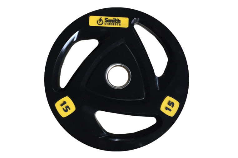 Диск для штанги Smith WP085-15 c 3-м хватом, обрезиненный, 15кг фото 1
